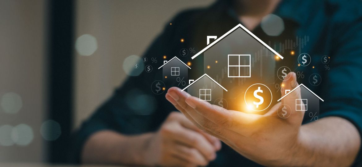 Real estate concept business, home insurance and real estate protection. Real estate investment concept. Buy and sell houses and real estate online on a virtual screen.